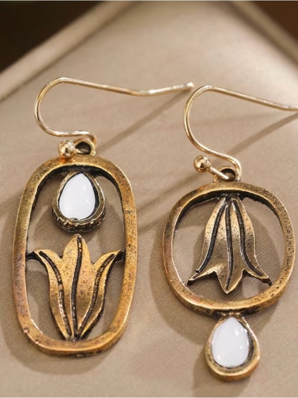 Asymmetrical Gold-Tone Floral Drop Earrings with White Accent - Women Jewelry